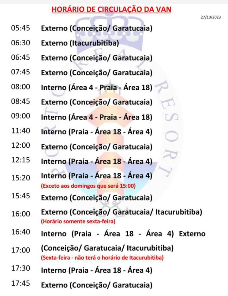 Tabela de horários da van